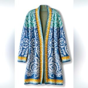 Soft Surroundings Ezer Jacquard Floral Cardigan Duster Blue Multicolor X Small